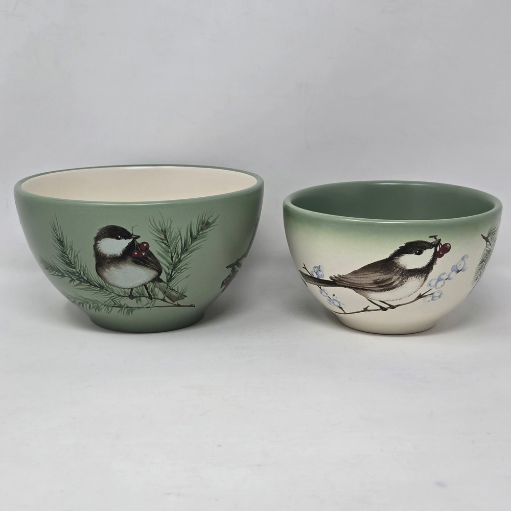 Pfaltzgraff Winterwood Bowls Prep Mixing 6" 5" Set of 2 Green Bird Stoneware